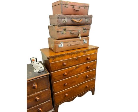 Victorian mahogany chest of four long drawers, Victorian oak chest of three long drawers and collection of four vintage suitc