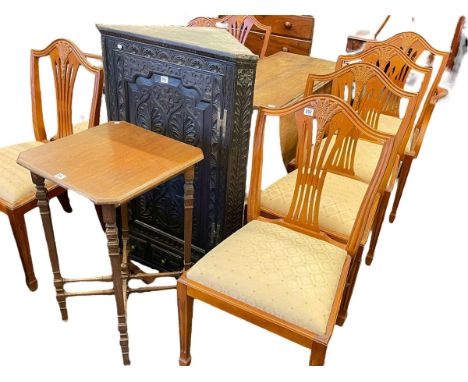 Set of eight mahogany Hepplewhite style dining chairs including pair carvers, oak gate leg dining table, antique carved oak c