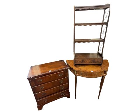Mahogany fold top four drawer bachelors chest, shaped top demi lune hall table and mahogany open wall shelf with base drawer 