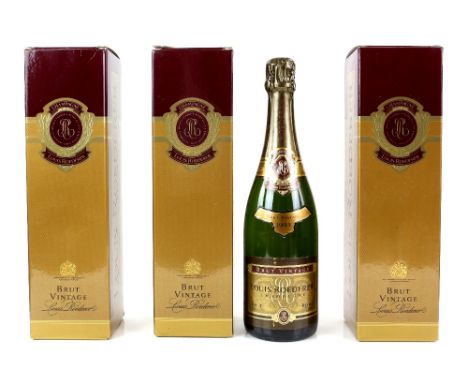 Three bottles of Louis Roederer Brut Vintage Champagne, gold label, boxed, 1993 vintage (3)