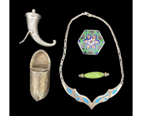 Norwegian pepper pot in the form of a hunting horn with engraved decoration, Dutch silver clog L8cm, hexagonal box with ename