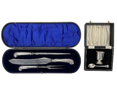 Edwardian three piece carving set with silver pistol handles and in fitted case with presentation plaque from Bedfordshire Re