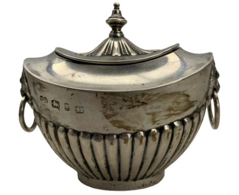 Late Victorian silver tea caddy of oval design with hinged lid, gilded interior, urn finial, half body reeded decoration and 