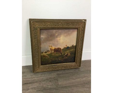 BRITISH SCHOOL,LANDSCAPE WITH CASTLE AND A RESTING MAIDoil on panel, framed, 36cm x 36cm overall