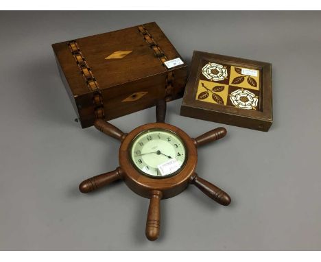 VICTORIAN SEWING BOX,25cm wide, along with a Minton's tile, and a Smith's clock modelled as a ship's wheel (3)