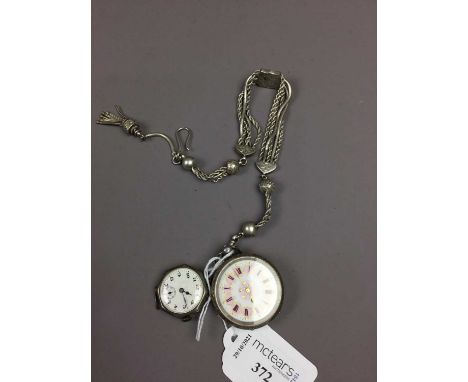 SILVER OPEN FACED FOB WATCH,on a chain, along with a silver cased manual wind wrist watch (2)