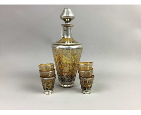 BOHEMIAN PALE YELLOW AND SILVER OVERLAID GLASS LIQUEUR SET,comprising decanter, 25.5cm high, and six shot glassesCondition re