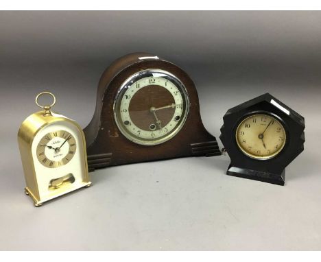 ART DECO BLACK BAKELITE MANTEL CLOCK,by Ferranti, 15.5cm high, along with two other clocks (3)