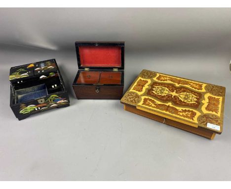 ROSEWOOD TEA CADDY,22.5cm wide, along with a painted musical jewellery box, another box containing compases and others