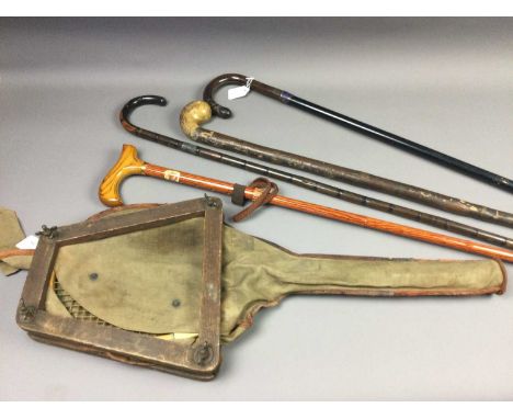 VINTAGE DUNLOP BLUE FLASH TENNIS RACQUET,along with three vintage walking sticks and cane and a modern walking stick (5)
