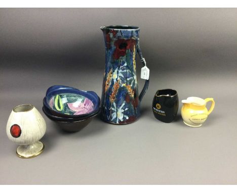 TALL ART POTTER JUG BY A.NICOL,32cm high, along with other ceramics, including a Myott part service, whisky advertising jugs,