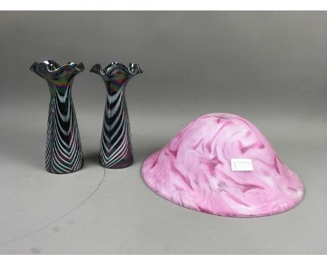 PAIR OF ART GLASS VASES,with frilled rims, along with a pink mottled glass light shade (3)