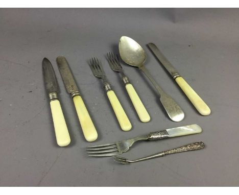 THREE SILVER SPOONS,along with a silver pickle fork, caddy spoon and a group of plated cutlery