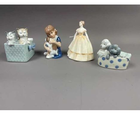 NAO FIGURE OF KITTENS IN A BASKET,along with a Nao figure of puppies in as basket, a Royal Copenhagen figure of a girl and a 