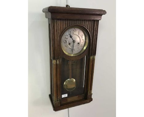 EARLY 20TH CENTURY OAK WALL CLOCK,68cm high, along with a Chinese wooden crate (2)