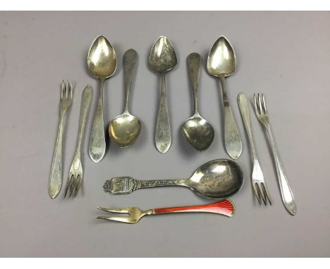 GROUP OF SILVER FORKS AND SPOONS,including a Khestenes Norway enamelled two pronged fork and a Denmark souvenir caddy spoon, 