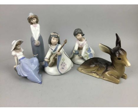 FOUR NAO FIGURES OF GIRLS,the tallest 24cm, along with a Mid-Winter figure of a deer (5)