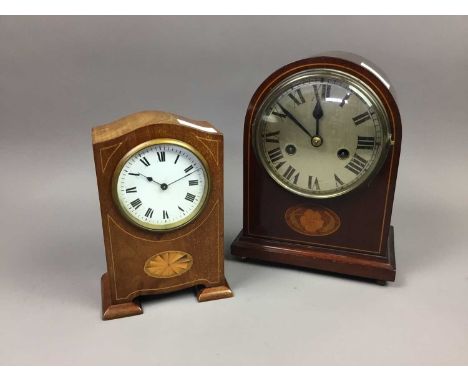 TWO EDWARDIAN MANTEL CLOCKS,mahogany cased with inlay and marquetry detail, the larger domed example 25cm high (2)