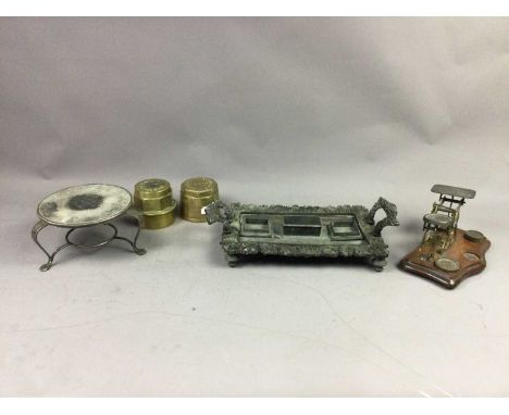 LOT OF VINTAGE METALWARE,including plated inkstand, postal scales, axle caps and handles