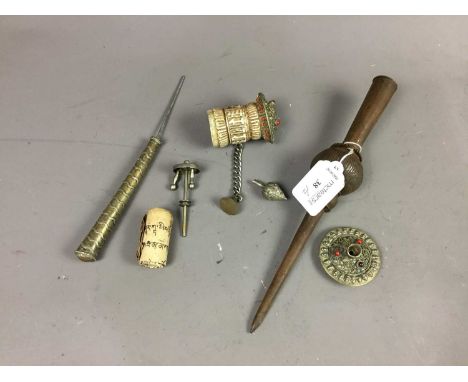 TIBETAN PRAYER WHEELalong with an Eastern cast metal finial (2)