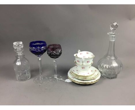 WILTON WARE CHINOISERIE BLUE LIDDED VASE,48cm high, along with a similar vase, three crystal decanters, two coloured crystal 