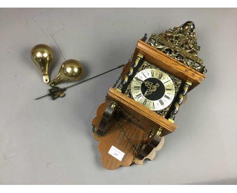 REPRODUCTION BRASS AND OAK WALL CLOCK,47cm high