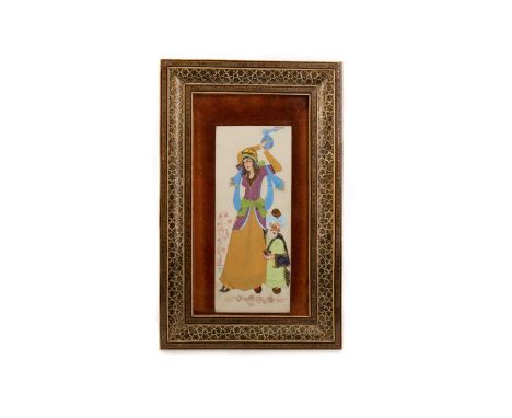 INDIAN SCHOOL PAINTING,depicting a dancing female and attendant, gouache on panel, signed 'Mosava', in a painted and mosaic f