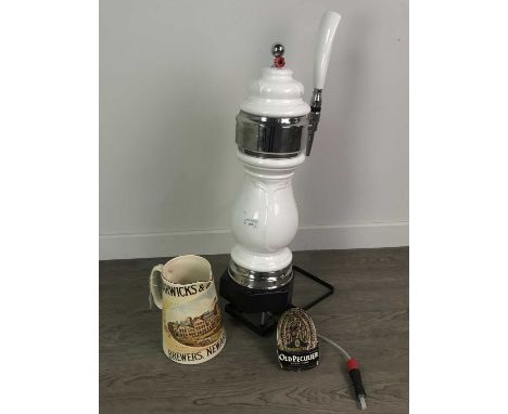 CERAMIC AND CHROME PLATED BAR BEER PUMP,77cm high overall, along with a Warwicks &amp; Richardson ceramic jug (2)
