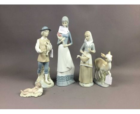 NAO FIGURE OF A GIRL WITH A HEN,25cm high, along with a Nao figure group of geese, a Lladro figure of a lady and a dove, a Ll