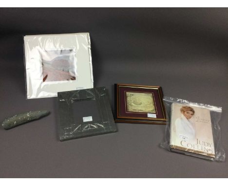SMALL WALL MIRROR,in hammered pewter frame, along with prints, a framed aviation certificate, signed copy of 'Singing Lessons