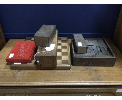 LOT OF VINTAGE GAMES,comprising a wood chess board, chess pieces, dominoes and solitaire in original box