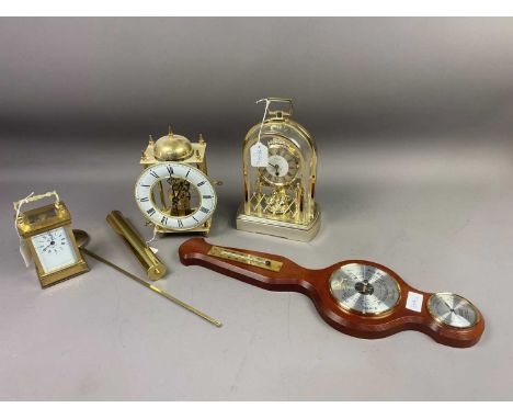 20TH CENTURY BRASS CARRIAGE CLOCK,with swing handle, along with a reproduction wall clock, a mantel clock and a barometer (4)