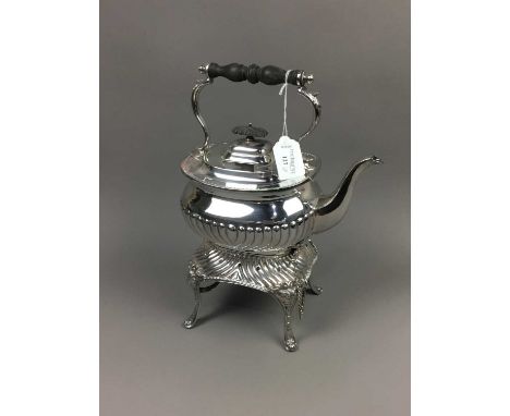 LOT OF PLATED ITEMS,including tea kettle on stand and a three piece tea service 