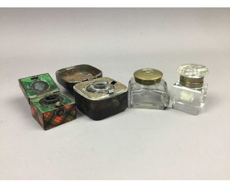 MAUCHLINE ''MCDUFF' TARTAN WARE TRAVEL INKWELL,4cm wide, along with three others (4)Condition report: Tartan inkwell is in fa