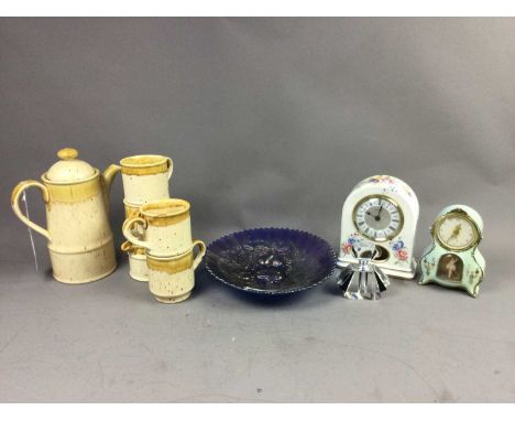 SALDER PART COFFEE SERVICE,along with mantel clocks, a carnival glass dish, and an Art Deco style perfume bottle
