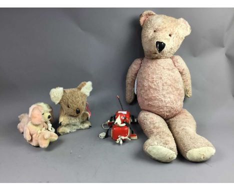 VINTAGE TEDDY BEAR,along with two other soft toys and a pull along wooden toy (4)