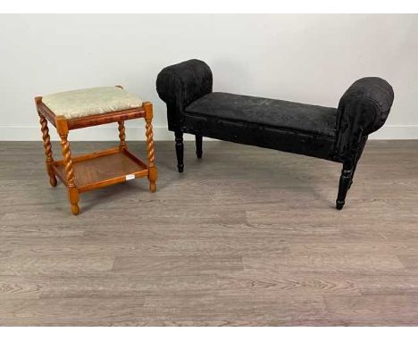 MODERN UPHOLSTERED BOUDOIR BENCH,along with a stained wood stool with upholstered top (2)