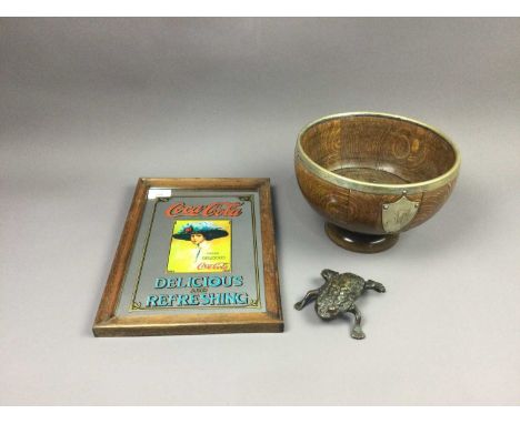 SILVER PLATE MOUNTED OAK PEDESTAL BOWL,along with a frog formed hinged dish and a Coca Cola mirror (3)