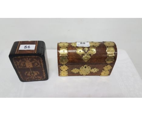 Small walnut domed top caddy with brass mounts & an inlaid playing card holder (2)