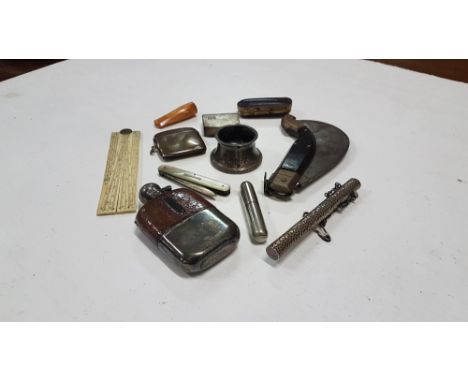 Assorted group – 2 x pen knives. Pill box, match striker, ruler, cigar tip & flask (8)