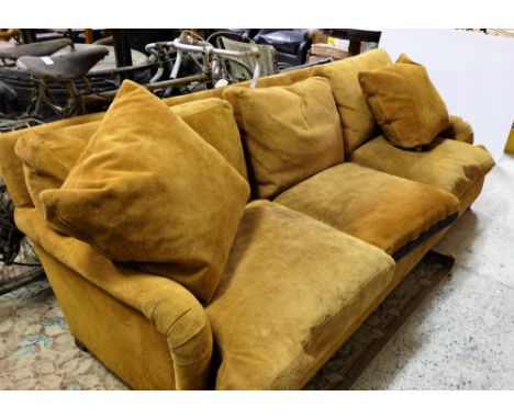 3 seater brown suede covered sofa with 2 matching loose cushions, 87"w x 36"d