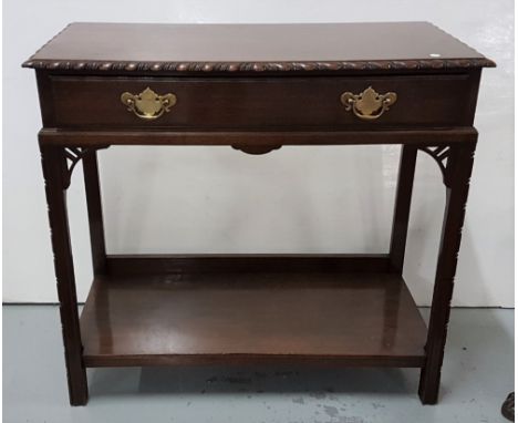 Mahogany hall table with waved edging, drawer with 2 brass handles, stretcher shelf, 36"w x 33"h 