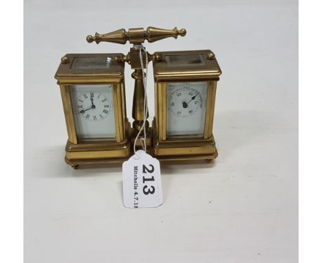 Brass framed miniature carriage clock and barometer with carrying handle, 4.5”h (not working) 