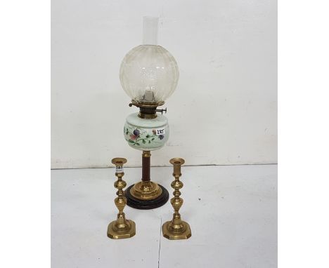 Pair of Brass Candlesticks & a Victorian Oil Lamp with floral bowl, glass shade (3)