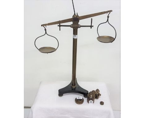 Brass Weighing Scales with 2 small pans & 2 groups of brass weights