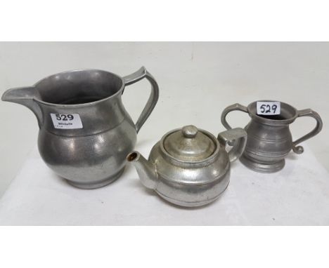 American pewter teapot stamped RWP, large pewter water jug and a pewter sugar bowl and jug (4)