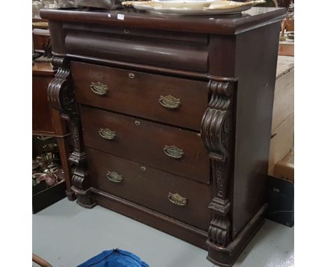 Late 19thC Mahogany Scotch Chest of Drawers, 4 long drawers, on platform base, 48”w x 24”d x 49.5”h