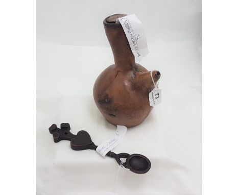 Antique Goatskin Flask & a Carved Welsh Love Spoon (2)