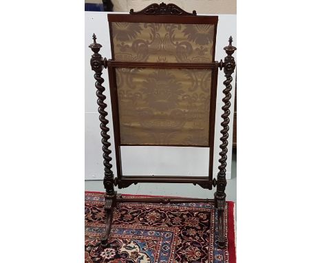 Late 19thC Mahogany Framed Fire Screen, with finials, with an adjustable centre panel, covered with floral fabric, 43”h x 27”