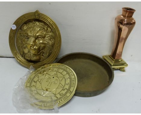 3 brass items, brass pan stamped NEWMAN, DUBLIN, modern sundial, lion door knocker and Art Nouveau copper and brass vase (4)